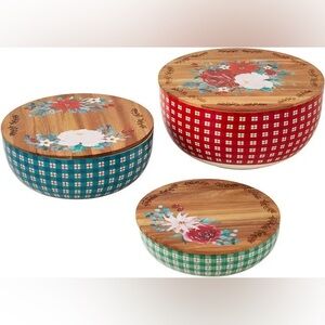 The Pioneer Woman Wishful Winter Plaid Ceramic Bowl Set with wooden lids